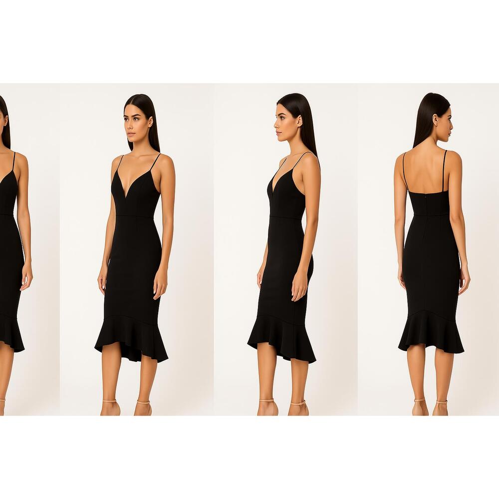Bardot Dress Womens US XS Black Midi‎ Spaghetti Straps Plunge Ruffle Hem